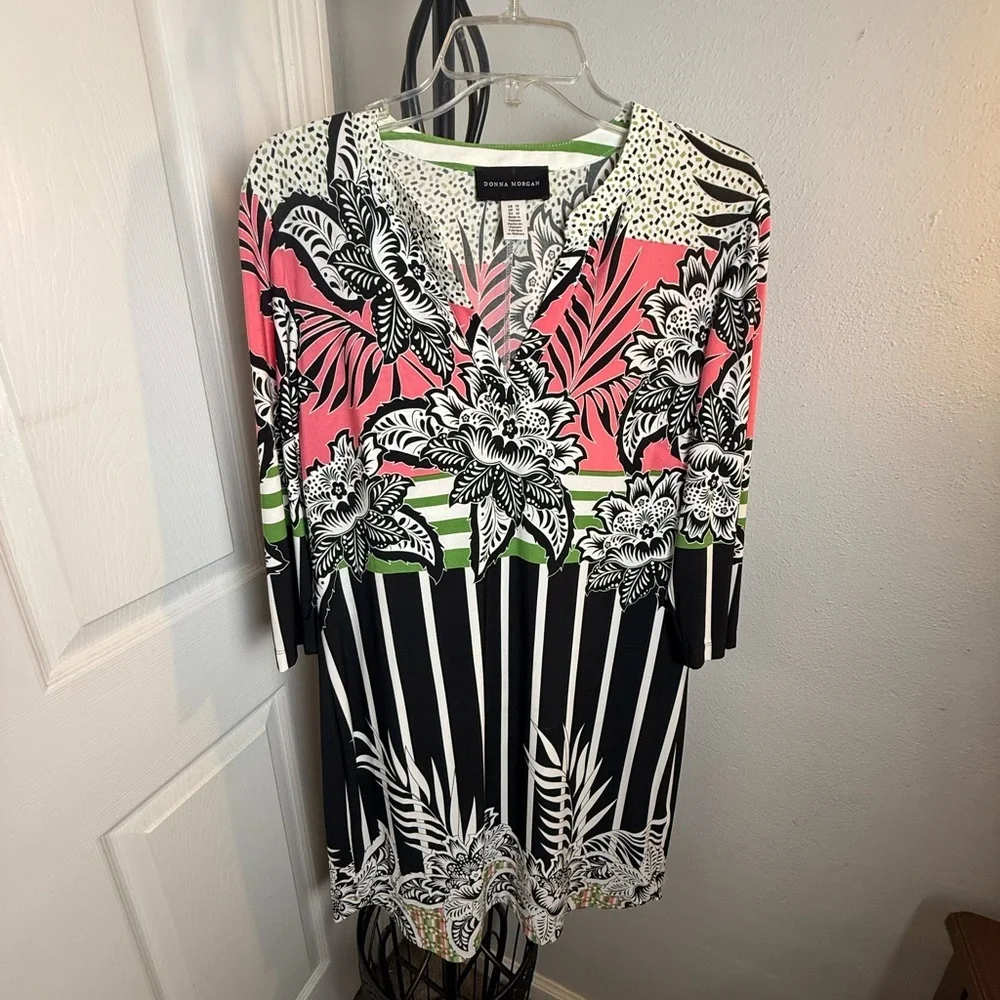 Donna Morgan Floral Print Midi Dress - Pink, Green, Black - Picture 7 of 9